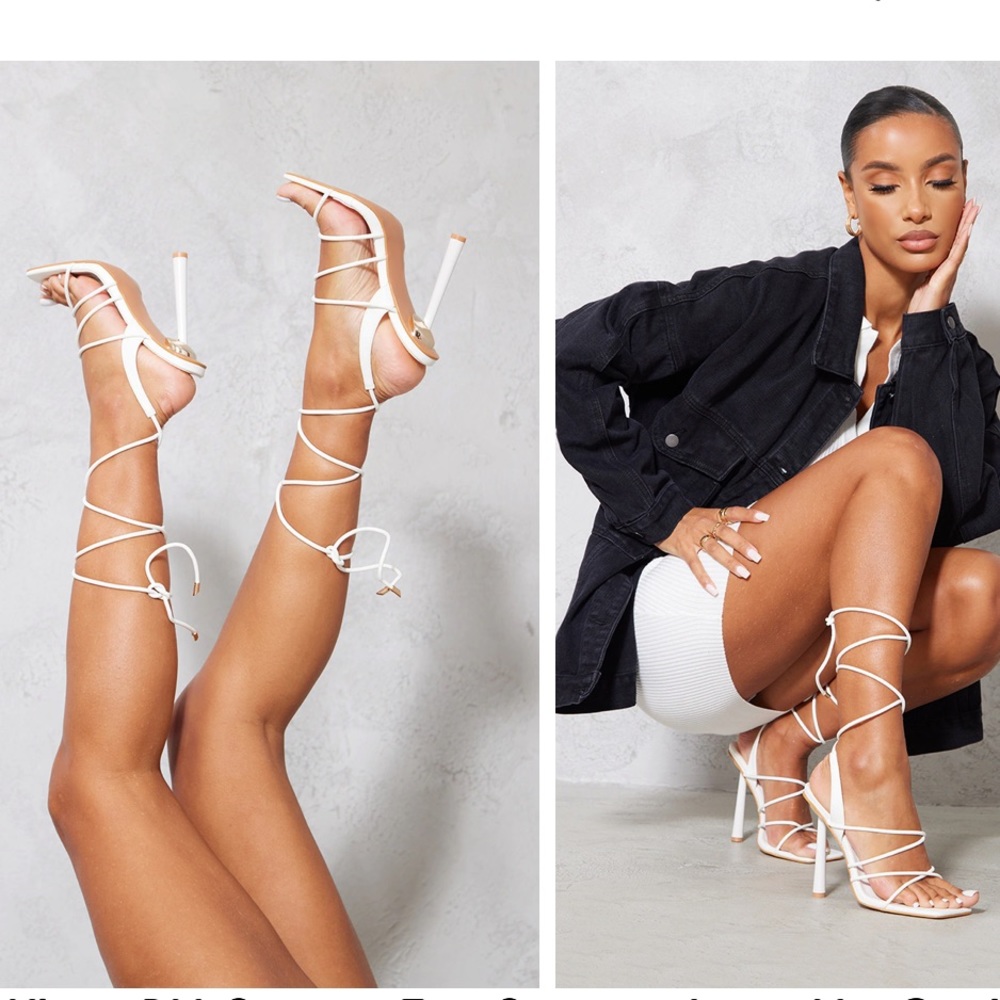 NWOT PrettyLittleThing White Square Toe Strappy Lace Up Circle Heeled 8 US